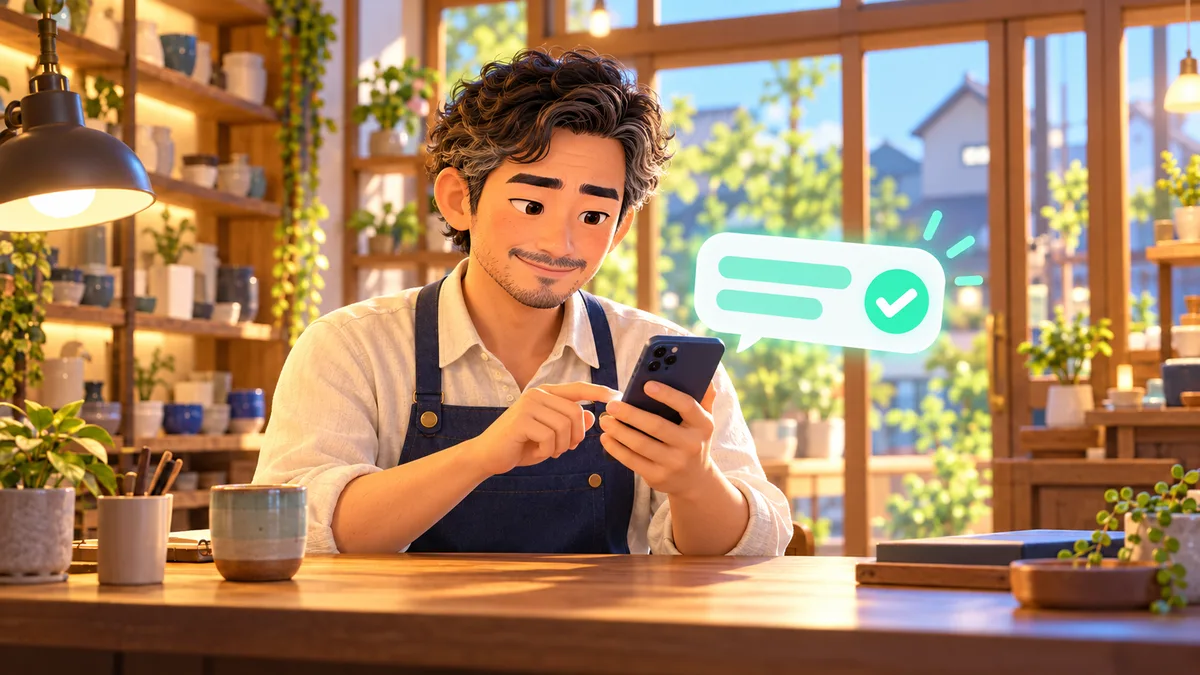 明るいお店で、スマートフォンから更新を依頼して安心した表情の店主のイラスト